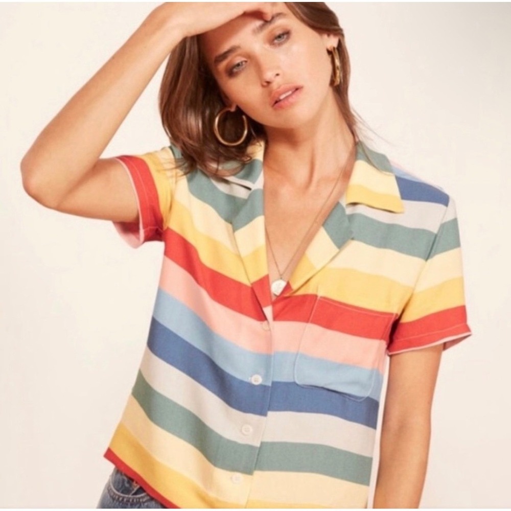 Reformation Rainbow Stripe Tencel Short Sleeve festival shirt Multi Color S